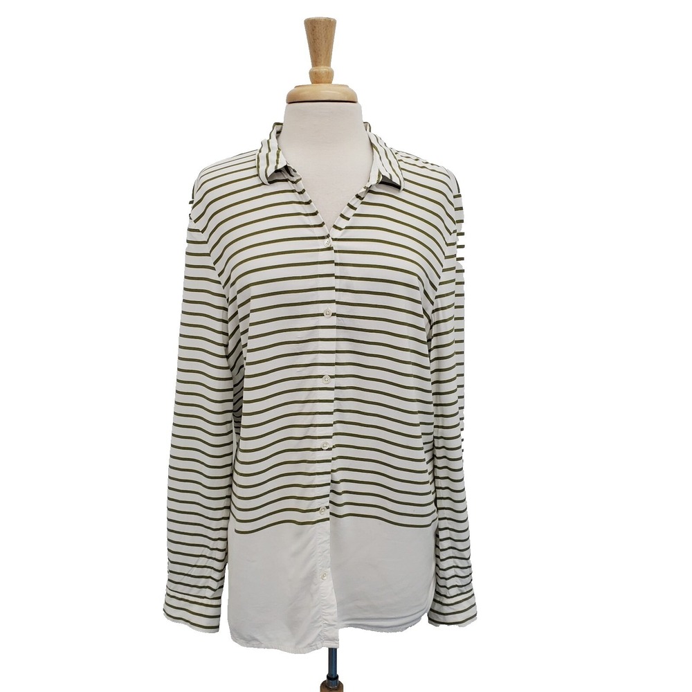 J. Jill Womens XL Green White Striped Rayon Button Up‎ Shirt Casual Workwear